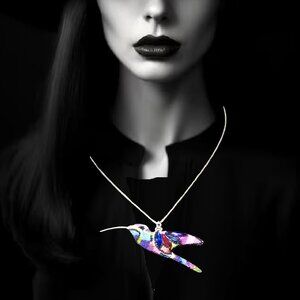 Sterling Silver 925 Beaded Mosaic Hummingbird Pendant Jewelry Necklace